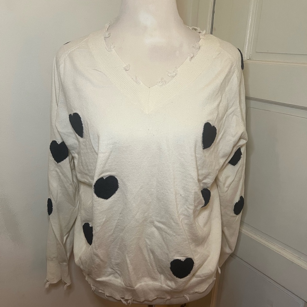 White and Black Distressed Heart Sweater